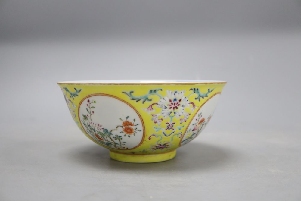 A Chinese yellow ground enamelled bowl, Daoguang mark, diameter 15cm